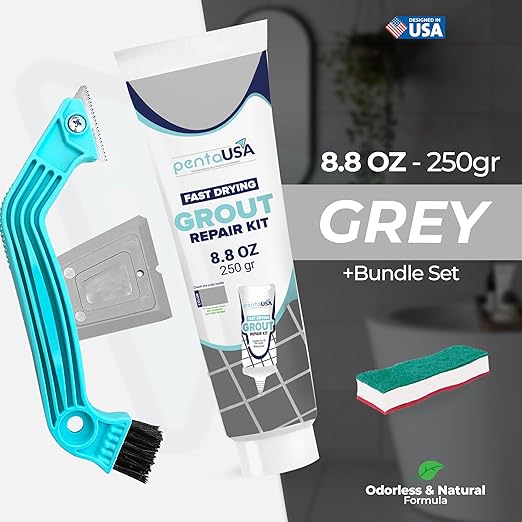 Pentausa Premixed Acrylic Sanded Tile Grout Repair Kit - Ready to Use Grout Renew Filler for Bathroom, Shower, & Kitchen Tile with Grout Removal Tool, Applicator & Sponge, (8.8 Oz - 250gr) (Grey)
