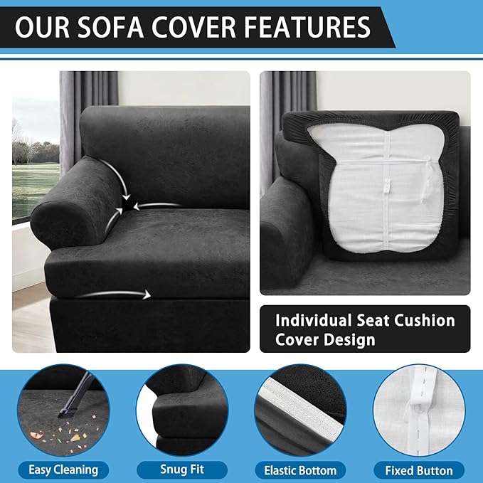 3-Piece T Cushion Sofa Slipcover - Leather Look Couch Cover for 2-Cushion Furniture - Stretch Protector With 2 Individual Seat Covers, Washable, Dark Grey