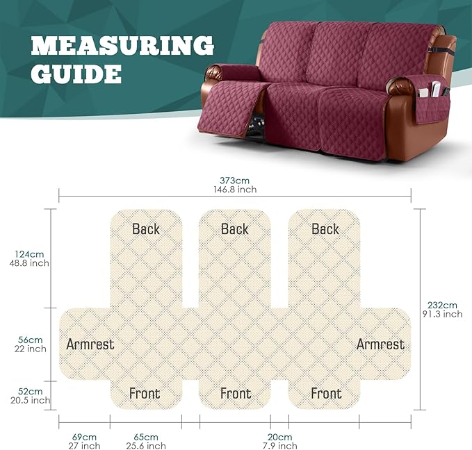Ruaozz Waterproof Recliner Sofa Covers, 1-Piece Couch Covers for Reclining Couches Reclining Couch Cover Washable Furniture Protector with Elastic Straps Pocket for Kids Pets (Wine, 3 Seater)
