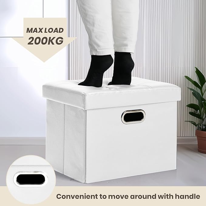 COSYLAND Storage Ottoman 17x13x13in Leather Rectangle Foot Rest Folding Bench Seat Organizer Entryway Furniture with Handles Lid White