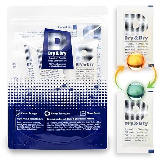 Dry & Dry 10 Gram [30 Packets] Premium Orange Indicating Silica Gel Packets Desiccants - Food Safe Silica Packets Silica Gel Silica Gel Packets