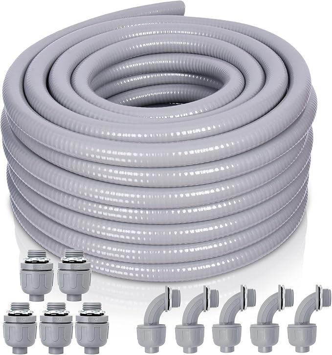 Liquid-Tight Conduit and Connector Kit - 1/2 Inch 50 FT Non Metallic Liquid Tight Electrical Conduit with 5 Straight and 5 Angle Fittings