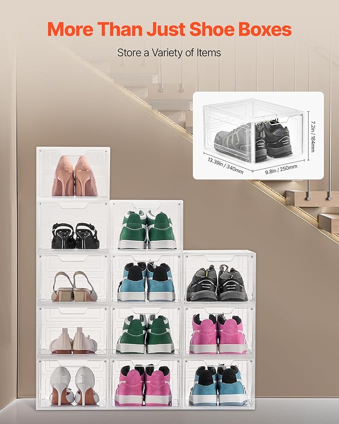 VEVOR Shoe Storage Boxes, 12 Pack Clear Stackable Shoe Boxes Storage Organizers with Magnetic Door, Fit up to US Size 13, Plastic Sneaker Containers for High Heels, Boots, and Hats, Transparent White