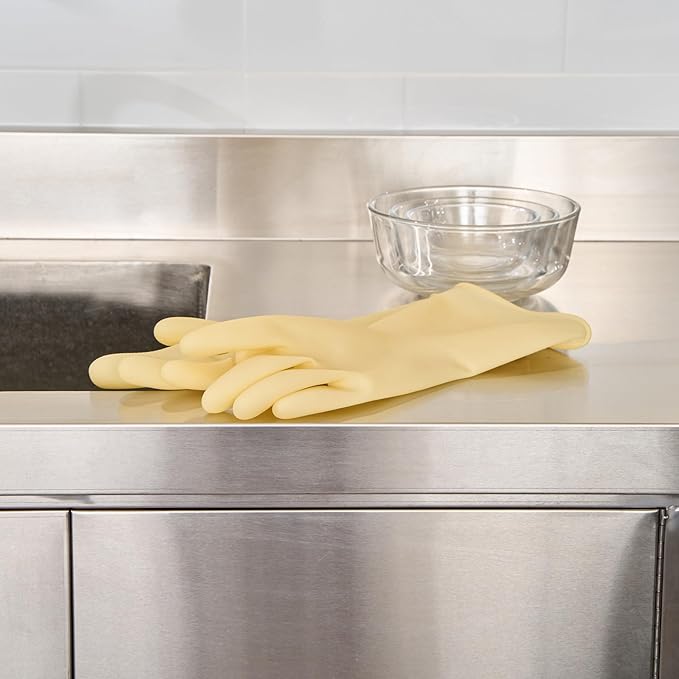 Restaurantware Latex Gloves 10 Count 13 Inch Extra Large Textured Grip Disposable Gloves for Kitchen Safety, 22-Mil Thickness and Long Cuff Yellow Rubber Gloves for Food Preparation and Cleaning