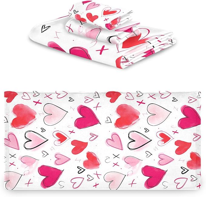 Pfrewn Doodle Romantic Pink Heart Towels Set of 3 Romantic Pink Red Love Spring Bathroom Towel Soft Absorbent Bath Hand Towels Washcloth Guest Towel Sets Mother's Valentine's Day Decorations