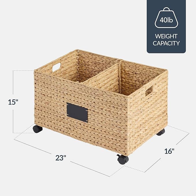 Best Choice Products Rolling Pantry Storage Basket Organizer W/Chalkboard Label, Open Handles, Removable Divider, Water Hyacinth Bin for Kitchen, Bedroom, Office, Kids' Room, Laundry Room - Natural