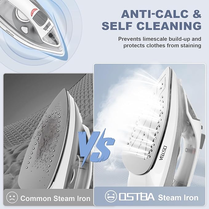OSTBA 1600W Steam Iron for Clothes with Rapid Heating Nonstick Soleplate, Precise Thermostat Dial, Self-Cleaning, Anti-limescale, Drip Stop Function, 300ml Water Tank Clothes Iron