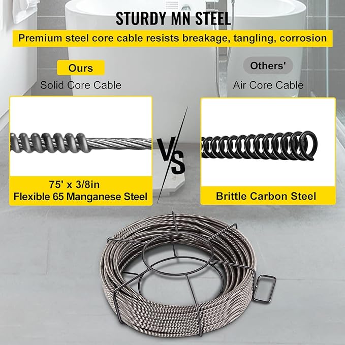 VEVOR Drain Cleaning Cable 75ft x 3/8 inch Solid Core Cable Sewer Cable, Drain Auger Cable Cleaner, Snake Clog Pipe Drain Cleaning Cable W/Four Shapes of Cutters