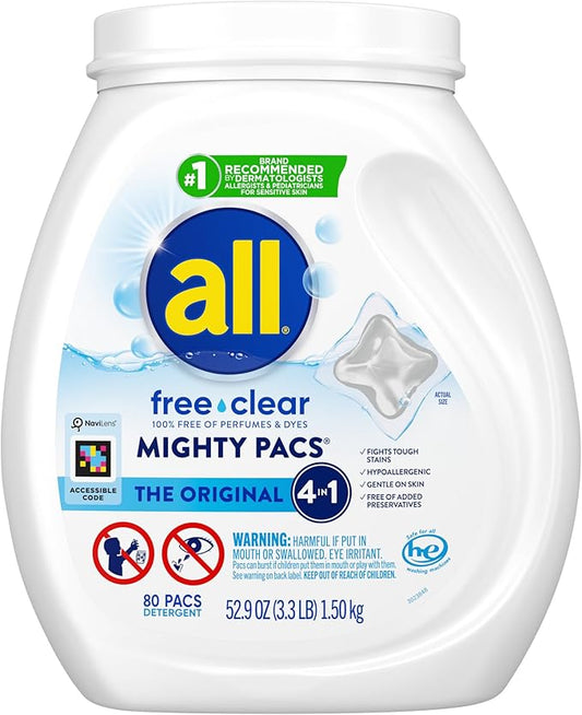 all Unit Dose Laundry Detergent, Mighty Pacs, Free Clear, 80 Count