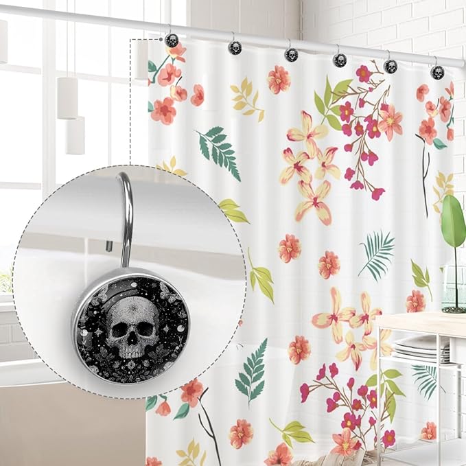 12 Packs Gothic Black and Skull Shower Curtain Hooks, Stainless Steel Glass Shower Curtain Rings for Bathroom Decor, Metal Rustproof Curtain Rod Hooks