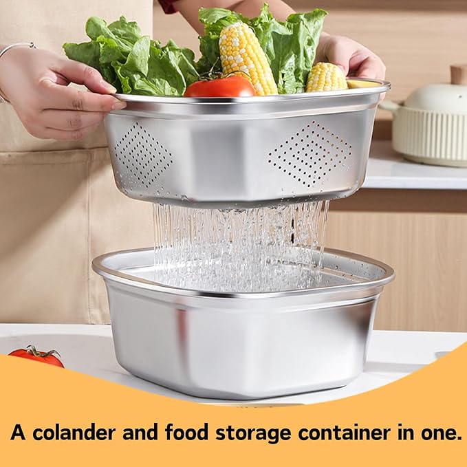 Stainless Steel Washing Up Bowl Set, Square Dish Tub with Colander&Lid, Multi-purpose Fruit Vegetable Washing Basin with Strainer for Sink, Kitchen Preparation, Wshing,Storage, 11in*4in