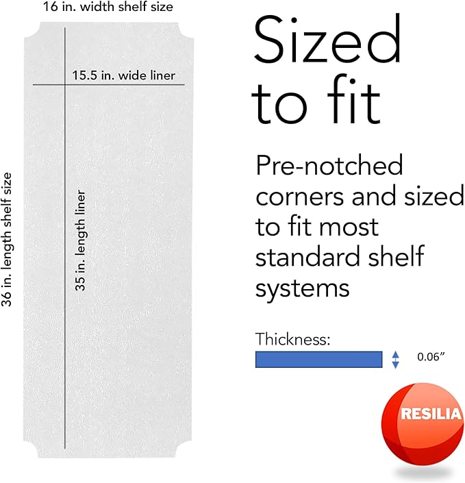 RESILIA Shelf Liner Set for Wire Shelving Rack – 5 Pack, 16 Inch Long x 36 Inch Wide, Clear Plastic Vinyl Covers for Kitchen, Pantry, & Garage Racks, Made in The USA