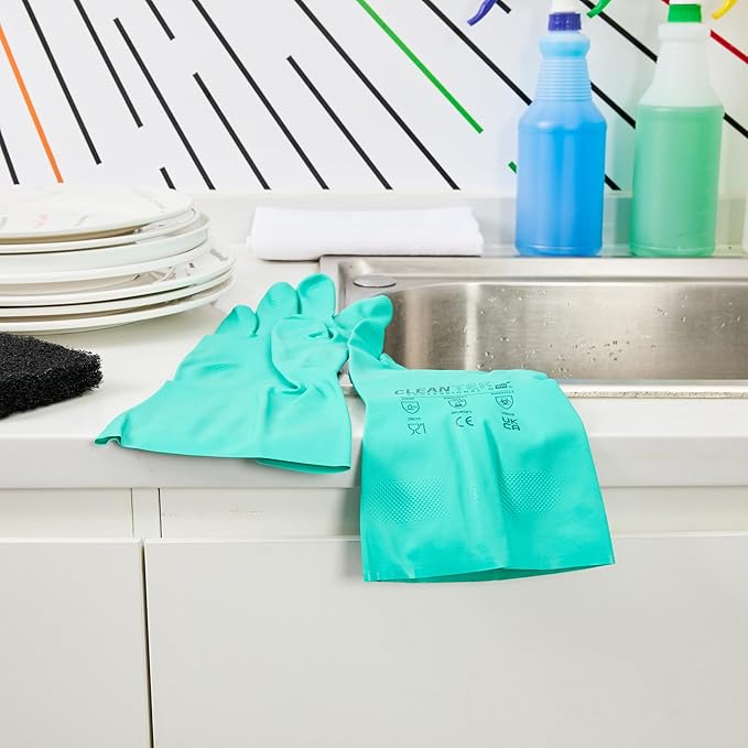 Restaurantware Green Cleaning Gloves 10 Pairs 15 Mil Thick Extra Large Heavy-Duty Nitrile Gloves With Long Cuff No-Latex Flock Lining For Use In Hospitals, Commercial Kitchens and Households