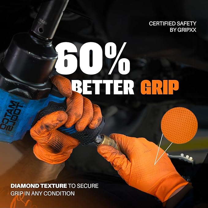Herkules Grip Heavy Duty 8Mil Orange Nitrile Gloves,3D Raised Diamond Texture-Latex & Powder Free-Industrial, Mechanic (2, XX-Large)