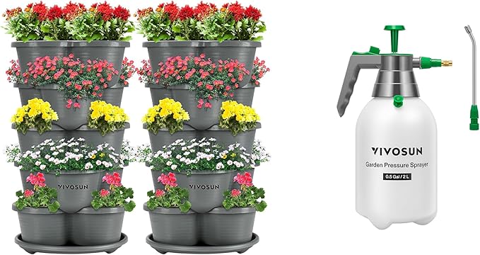 VIVOSUN 2-Pack 5 Tier Vertical Gardening Stackable Planter and 0.5Gal Handheld Garden Sprayer, 2L Pump Sprayer, 68 Oz Water Spray Bottle with Safety Valve, Adjustable Nozzle