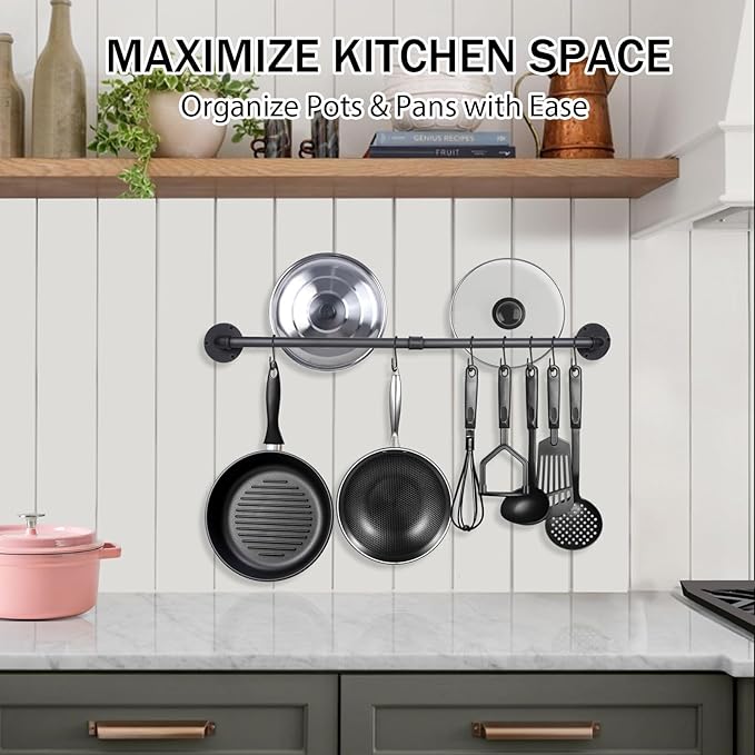 Aduanbang 37.8-Inch Wall-Mounted Pot Bar Rack, Detachable Kitchen Hanger for Pans, Lids & Utensils, Includes 14 S Hooks, Black