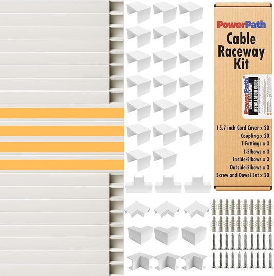 Cable Management Raceway Kit – 20 Pack 15.7” PVC Wire Hider with Connectors, T & L Corners, Inside & Outside Corners, Screws – Paintable Wall Cord Cover for TV, Home & Office