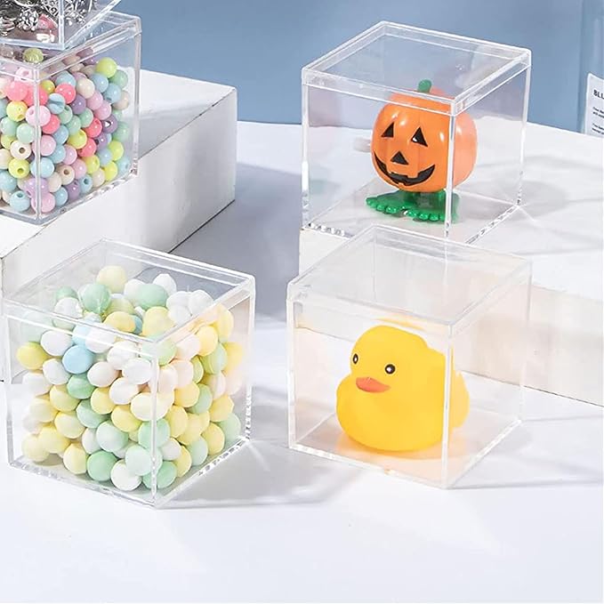 KissYou Clear Box Acrylic Square Cube, 24 Pack Small Plastic Storage Containers with Lid Jewelry Box Easter Candy Pill and Tiny Jewelry Boxes