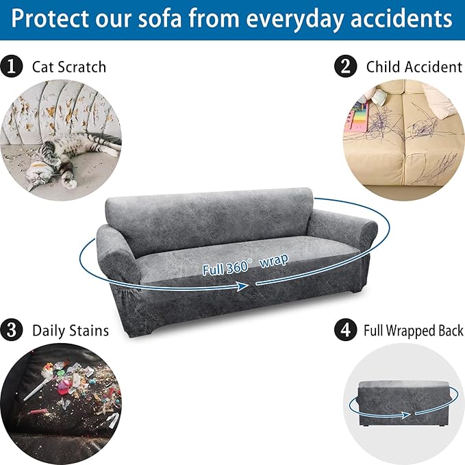 Oversized Sofa Slipcover Leather Look Couch Cover for 4 Seater Sofa 1-Piece Sofa Cover Stretch Furniture Protector with Elastic Bottom & Pockets(XL Sofa, Light Grey)