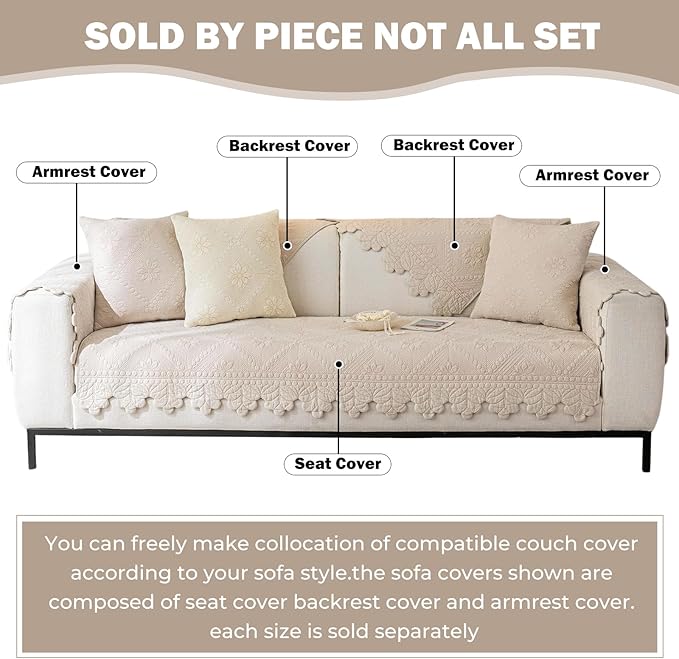 Cotton Quilted Dog Couch Cover for Sofa Farmhouse Rustic Embroidery Sectional Couch Cover Soft Anti-Slip Sofa Slipcover Furniture Protector for Kids, Pets (Khaki,28"x35")