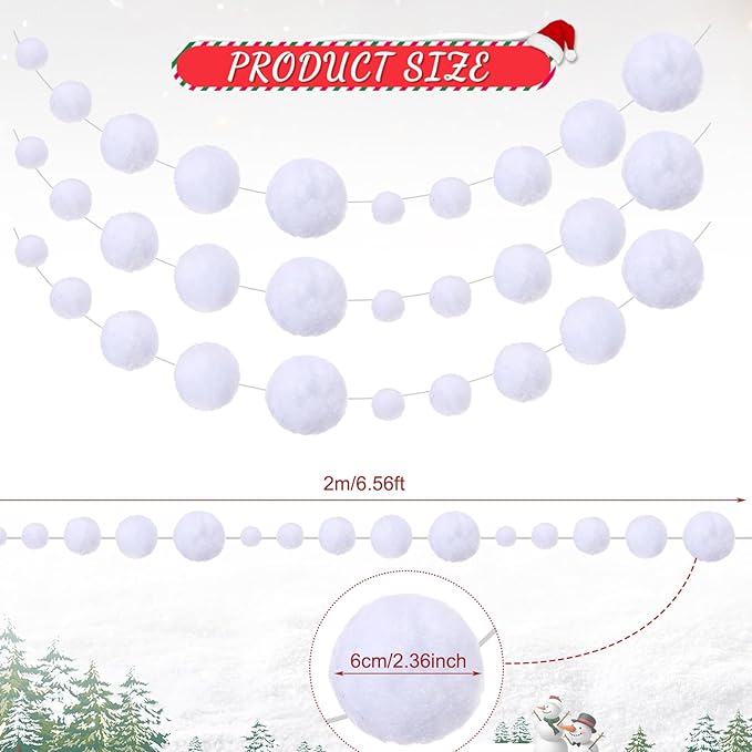 Tegeme 36 Pcs Winter Snowball Garland 6.5 Feet White Pom Pom String Garland Winter Party Wonderland Decoration Snow Ball Hanging Banner White Snowball Decor for Ceiling Tree Holiday Party Wall Home