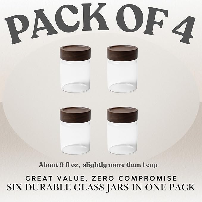 Wide Mouth Glass Storage Jars With 3" Acacia Wood Lids - 4 Pack of 9.1 Oz Airtight Food Storage Containers - Borosilicate Glass Canisters for Kitchen - Pantry Organizers and Storage for Rice Coffee