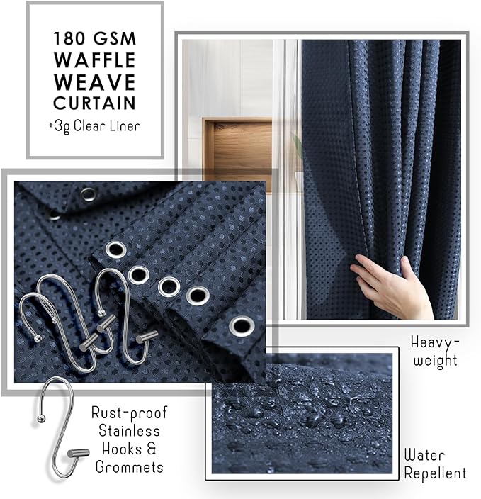 Clara Clark Bathroom Accessories Set - 27PC Bathroom Set with Adhesive Corner Shower Caddy Hanging, Bathroom Sets with Shower Curtain and Rugs, Navy Blue Shower Curtain Set with Bathroom Trash Can