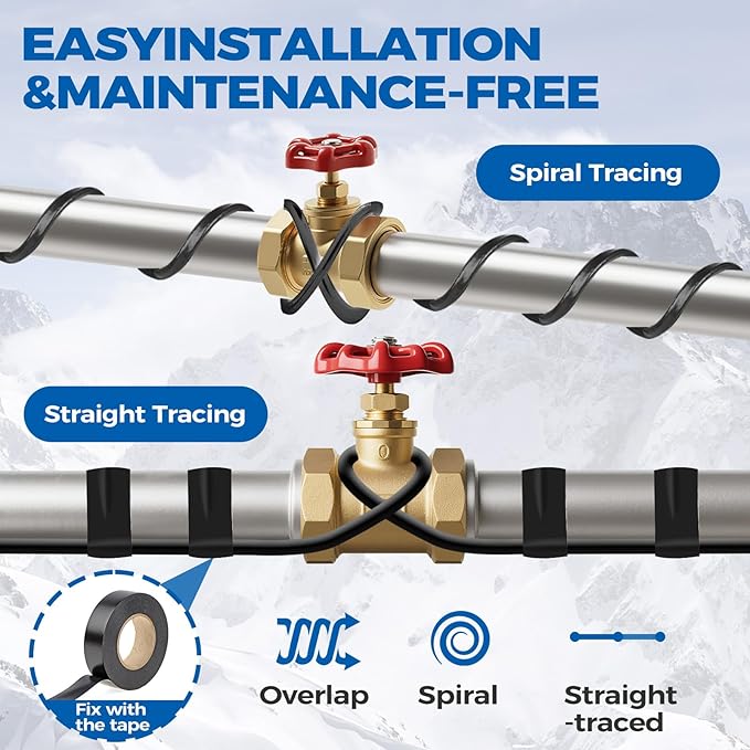 23FT（3FT-200FT） Pipe Heating Cable for Pipe Freeze Protection, Heat Cable for Water Pipes(Metal and Plastic), Pipe Heat Tape Keeps Water Flowing at -40°F 5w/ft, 120V Plumbing fixture