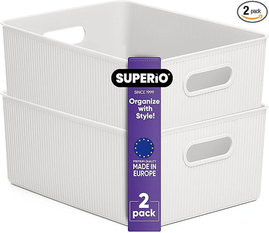 Superio Ribbed Collection - Decorative Plastic Basket Open Home Storage Bins Organizer, Large White (2 Pack) Container Boxes for Organizing Closet Storage Bins for Shelves 15 Liter/16 Quart