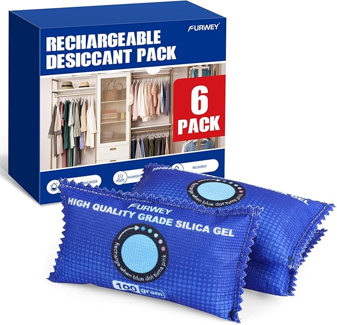 Rechargeable Desiccant Packs 6-Pack – Color Indicator, Reusable Moisture Absorber for Closets & Storage