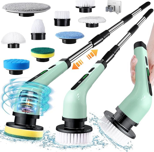 Electric Spin Scrubber, Cordless Electric Scrubber for Cleaning Bathroom,Power Shower Scrubber with Long Handle,Electric Cleaning Brush with 9 Brush Heads for Bathroom,Tub,Floor,Kitchen,Window,Car