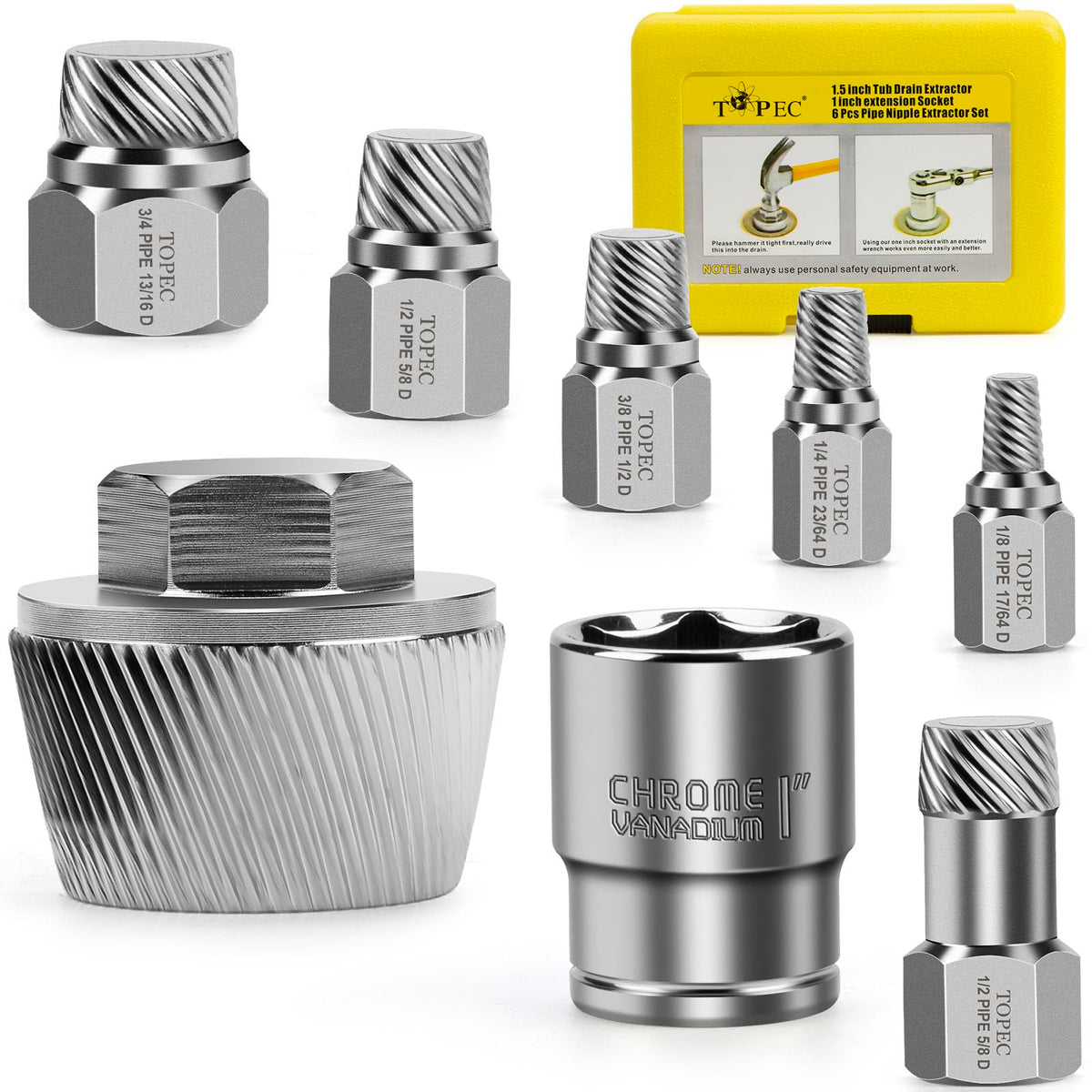 Topec 1.5'' Tub Drain Extractor, 8PCS Pipe Nipple Extractor Set
