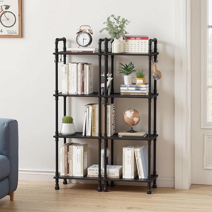 Aduanbang 4-Tier Industrial Pipe Ladder Shelf, Vintage Style Bookshelf, Freestanding Storage Rack Organizer for Living Room, Bedroom, Kitchen (Black(4-Tier))