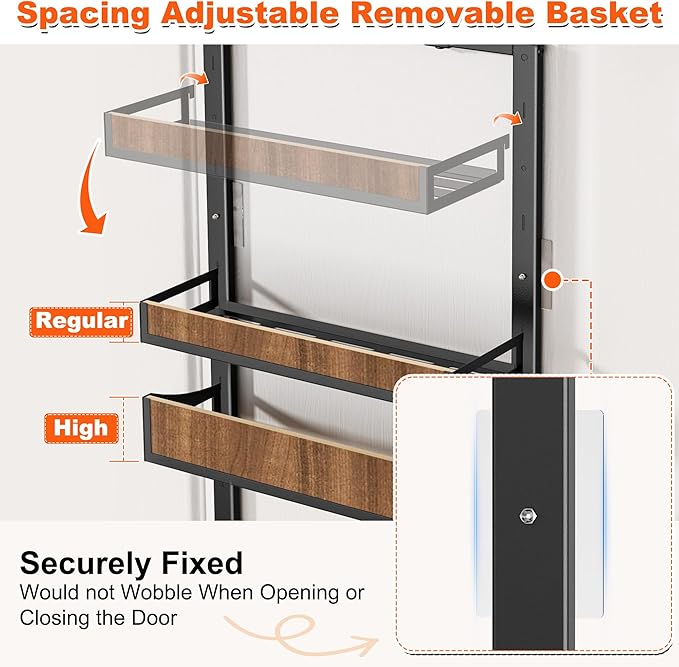 Aquzee Pantry Door Organizer, 6-Tier Over the Door Pantry Organizer, 2 IN 1 Hanging Wall Mount Spice Rack, Adjustable Baskets, Heavy Duty Spice Organization for Cabinet Kitchen Closet