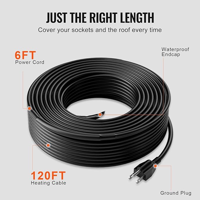 VEVOR Self-Regulating Pipe Heating Cable, 120FT 5W/FT Heat Tape for Pipes, Roof Snow Melting De-icing, Gutter and Pipe Freeze Protection