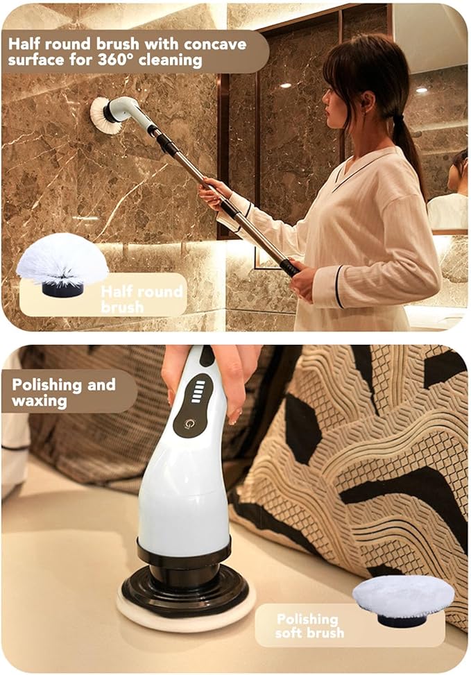 Electric Spin Scrubber, Multifunction Rechargeable Cordless Brush with Adjustable Handle, Replaceable Brush Heads Shower Brush for Bathroom Kitchen