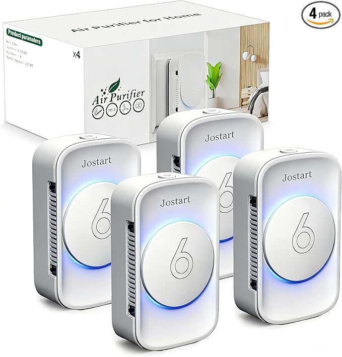 Air Ionizer for Home(4 pack), Ionic Air Purifier Plug in with 6 Carbon Fiber Tips, Ultra Quiet Portable Air Cleaner for Kitchen Bedroom Office Bathroom,Energy Efficient with Blue/Warm White Mood Light
