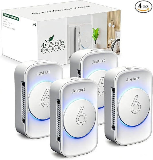 Air Ionizer for Home(4 pack), Ionic Air Purifier Plug in with 6 Carbon Fiber Tips, Ultra Quiet Portable Air Cleaner for Kitchen Bedroom Office Bathroom,Energy Efficient with Blue/Warm White Mood Light