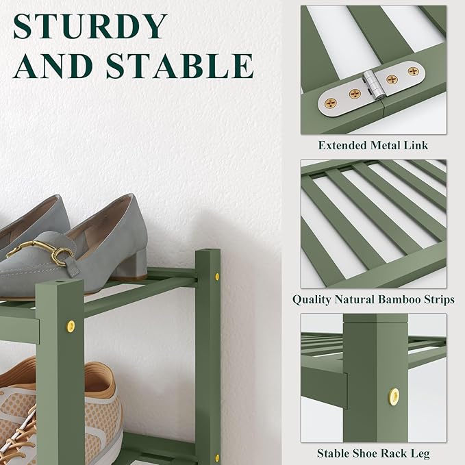 Smiry Bamboo Shoe Rack for Closet, 6 Tier Wooden Stackable Shoe Organizer, Free Standing Shoes Storage Shelf for Entryway, Front Door Entrance, Green