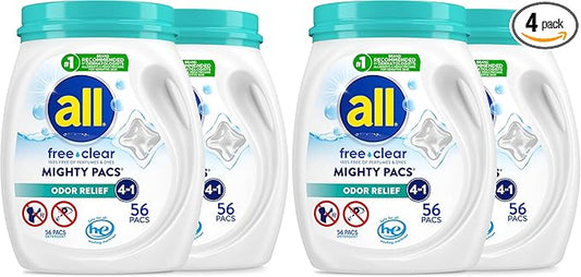 All Mighty Pacs Laundry Detergent,Free Clear Odor Relief,Tub,56 Count (Pack of 4)