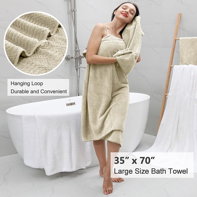 Oliven 4 Pcs Camel Large Bath Towel Set 35"x70" Extra Large Bath Sheets Oversized Jumbo Towels for Bathroom 600GSM Soft Highly Absorbent Quick Dry Beach Chair Towel Woven Towels for Hotel and Spa