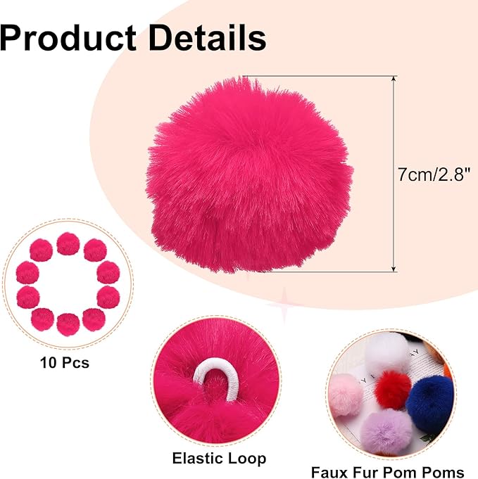 uxcell 2.8 Inch Faux Fur Pom Pom Balls, 10 Pcs Watermelon Red Fluffy Soft Faux Fur Pom Poms for Hats with Elastic Loop for DIY Knitting Hats Keychain Scarves Gloves Bags Shoes Accessories