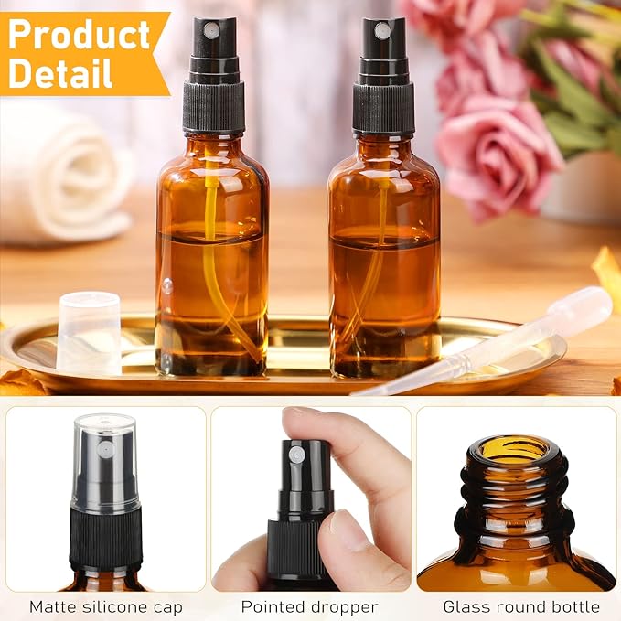 Nuogo 100 Pcs 2 Oz Glass Spray Bottles, Fine Mist Spray Bottle Refillable Cosmetic Bottles Empty Small Bottle with 10 Droppers, 5 Funnels, 2 Brushes for Essential Oil Cleaning Solutions(Brown)