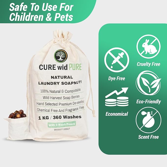 Cure wid Pure Organic Soap Nuts Deseeded 1kg/2.2Lb With 3 Wash Bags 360 Loads,Eco-friendly Soap Nuts Laundry Detergent,Chemical & Fragrance-free Organic Soap Berries Non-toxic Laundry Detergen