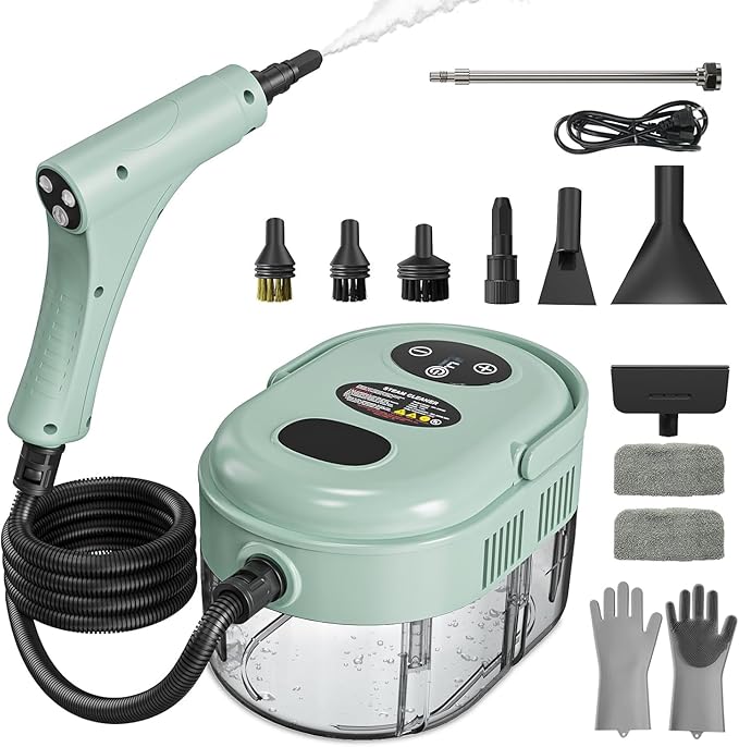 Steam Cleaner, Handheld Steam Cleaner with 6 Levels Adjustable Handle, 1.5L Water Tank, Steamer for Cleaning, Portable Steam Cleaner for Home, Car, Furniture, Couch, Bed Bugs (Green)