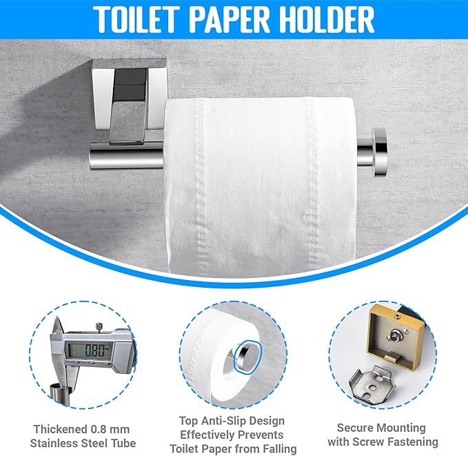 Miyili SUS304 Stainless Steel 5-Piece Bathroom Accessories Set with 30" Double Towel Bar, 5" Toilet Paper Holder, Towel Ring, 2 x Robe Hooks Bath Hardware Kit Wall Mount, Poilshed