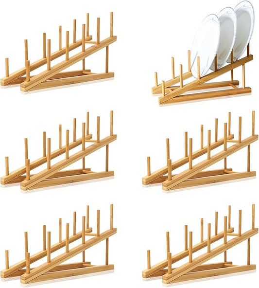 6 Pack Dish Rack Bamboo Drying Rack Wooden Plate Dish Rack Cabinet Organizer Kitchen Pot Lid Stand for Dish, Plate, Cup, Bowl, Cutting Board