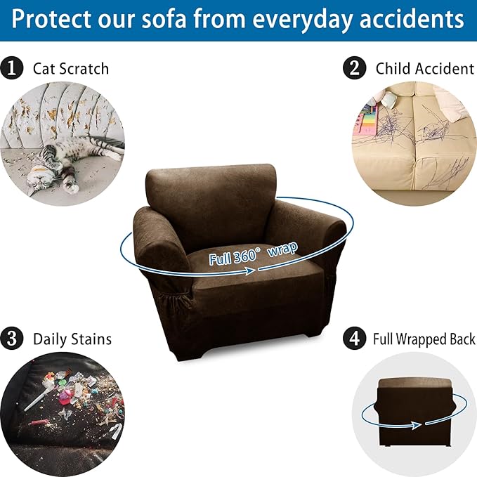 Single Sofa Cover Leather Look Chair Covers for Living Room 1-Piece Sofa Chair Covers with Arms Stretch Furniture Protector with Elastic Bottom & Pockets(Armchair, Dark Brown)