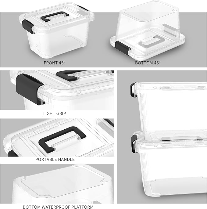 Lidded Storage Bin, Tote Organizing Container with Handle and Buckles, Stackable, Plastic, Clear, 6.8Qt, Pack of 12