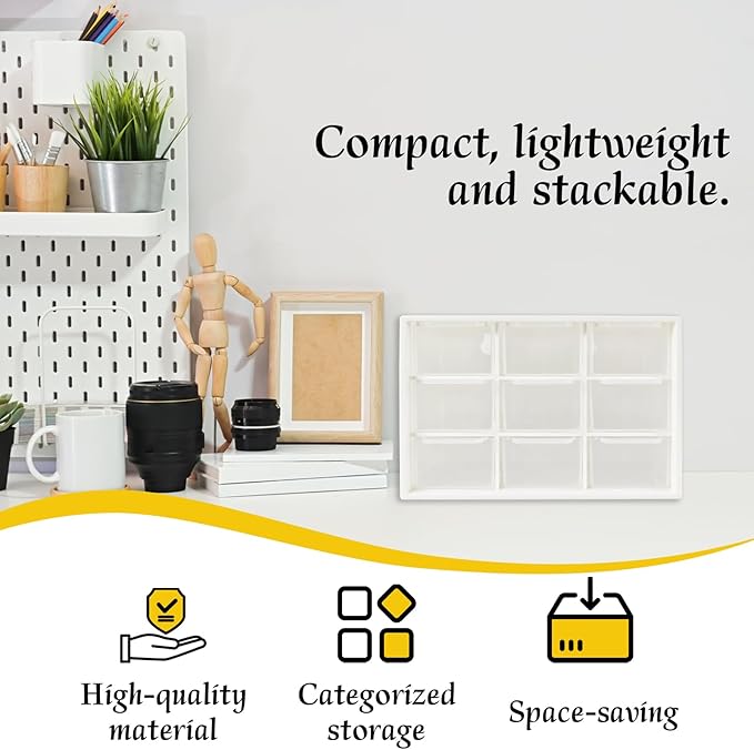 Small Drawer Organizer for Desk, 7.1" x 3.8" x 4.6" Mini Desktop Drawer Organizer with 9 Clear Drawers, Compact Craft & Office Supplies Organizer for Home School (White)